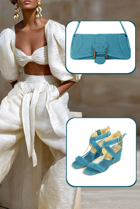 Women's peacock blue elegant fully open cross straps sandals. Square toe. Medium wedge heels - Top view